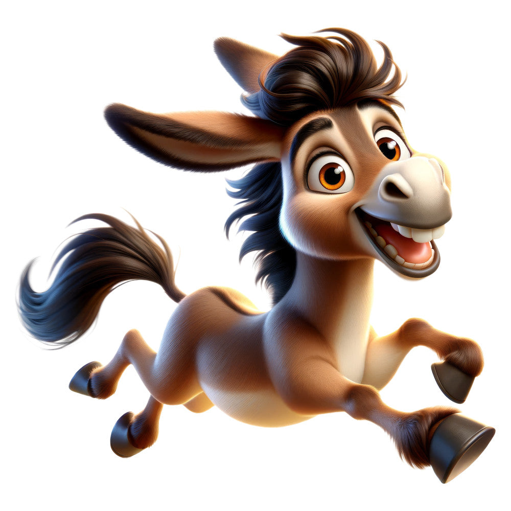 cartoon donkey, whimsical animals, brown and cream, tan and white, navy blue accents, children's character, kids fabric, animated character, happy expression, playful design, farm animals, donkey motif, character panel, bright colors, warm tones, fun and playful, cheerful style, children's quilt, baby quilt, nursery decor, toddler fabric, storybook character, jumping donkey, comic style, adventure theme, entertainment character, character design, fun animals, colorful character, children's apparel