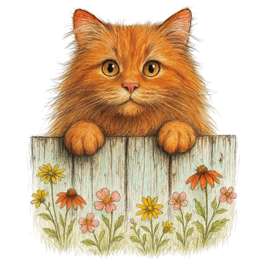 orange cat, ginger cat, fluffy cat, long-haired cat, whimsical, cat lover, pet themed, animals, garden flowers, wildflowers, yellow flowers, orange flowers, pink flowers, cottage core, farmhouse style, rustic, spring, summer, garden theme, nature inspired, wood fence, weathered wood, adorable, cute, folk art, traditional, illustration style, children's themed, nursery decor, wall hanging