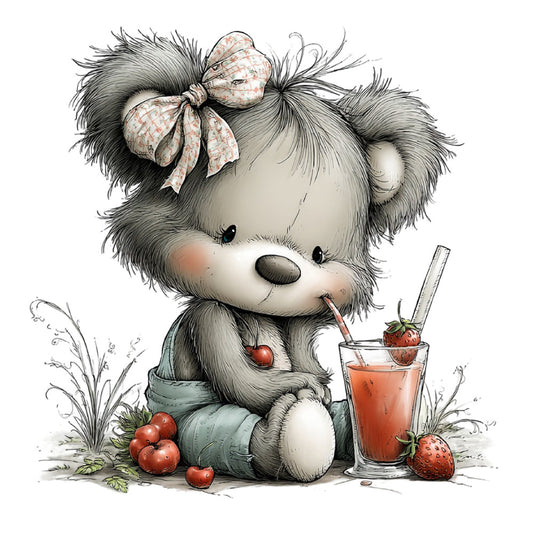 teddy bear, cute animals, whimsical, strawberries, fruit, red, gray, grey, cream, soft colors, pastel, children's, baby, girl, bow, ribbon, beverage, juice glass, nature, botanical, flowers, springtime, sweet, playful, illustration, charming, nursery, storybook, vintage inspired, feminine
