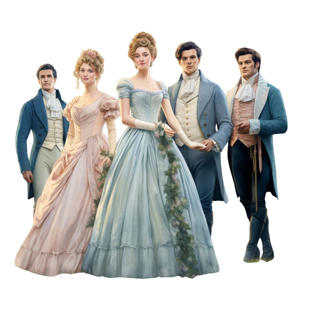 sage green, dusty rose, powder blue, cream, navy blue, regency fashion, period costumes, ballgowns, tailcoats, historical figures, formal wear, elegant poses, romantic era, 19th century, fabric panel, quilting cotton, character panel, vintage style, empire waistlines, elaborate hairstyles