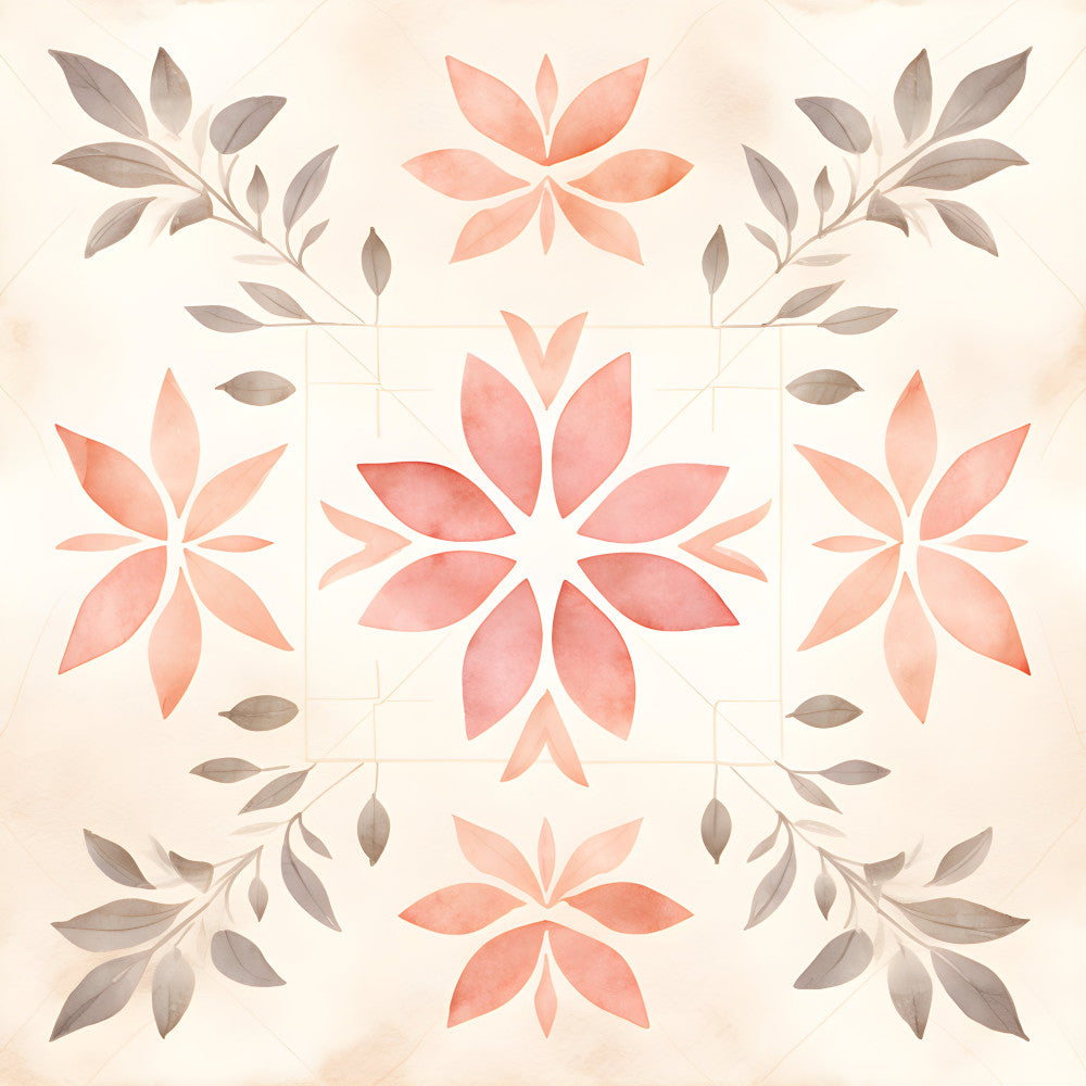 coral pink, dusty rose, taupe, sage gray, blush, watercolor floral, geometric flowers, symmetrical pattern, mandala-inspired, nature, botanical, spring, elegant, modern, traditional, whimsical, peaceful, serene, leaf motifs, petal design, star pattern, ornamental, decorative, soft colors, pastel, wall hanging, quilt panel, home decor, feminine, delicate