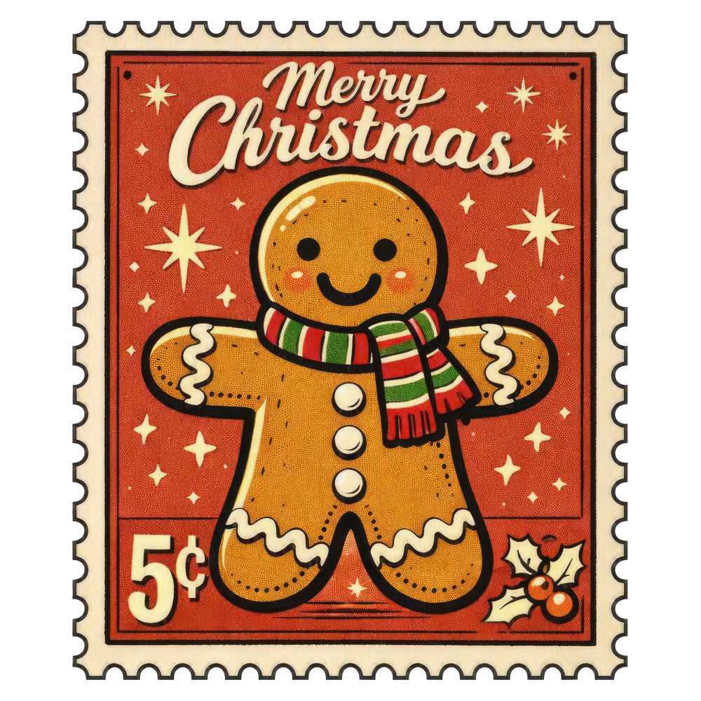 merry christmas, gingerbread man, vintage christmas, retro holiday, cream, red, golden brown, tan, forest green, candy cane stripes, stars, snowflakes, holly berries, whimsical, festive, cheerful, christmas themed, holiday decor, striped scarf, smiling face, traditional christmas, nostalgic, mid-century, cheerful motifs, christmas fabric, holiday season, winter, vintage style, jolly, decorative panel
