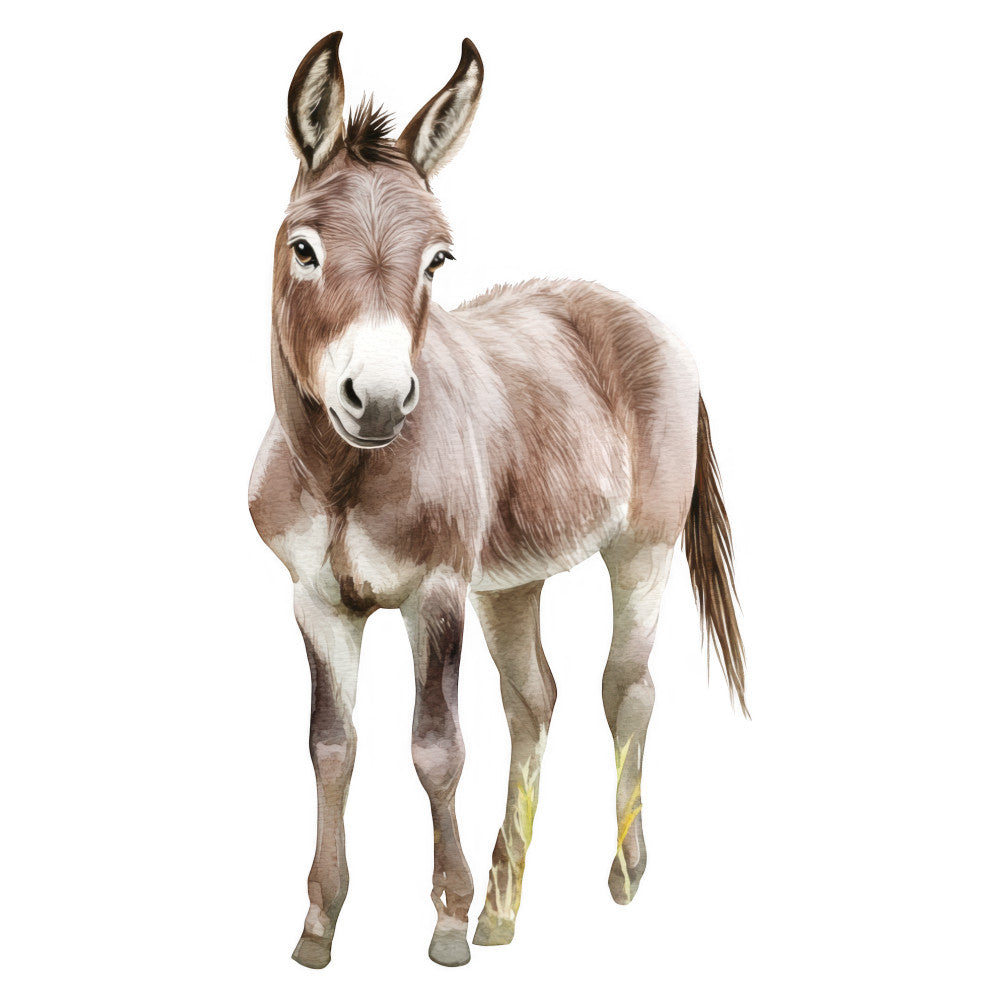 donkey, farm animals, farmhouse, rustic, taupe, tan, beige, cream, white, brown, natural colors, earthy tones, realistic animal illustration, wildlife, pastoral, country style, whimsical, children's, baby, cute animals, gentle, soft, sweet, nature-themed, animal portrait, detailed illustration, mule, equine