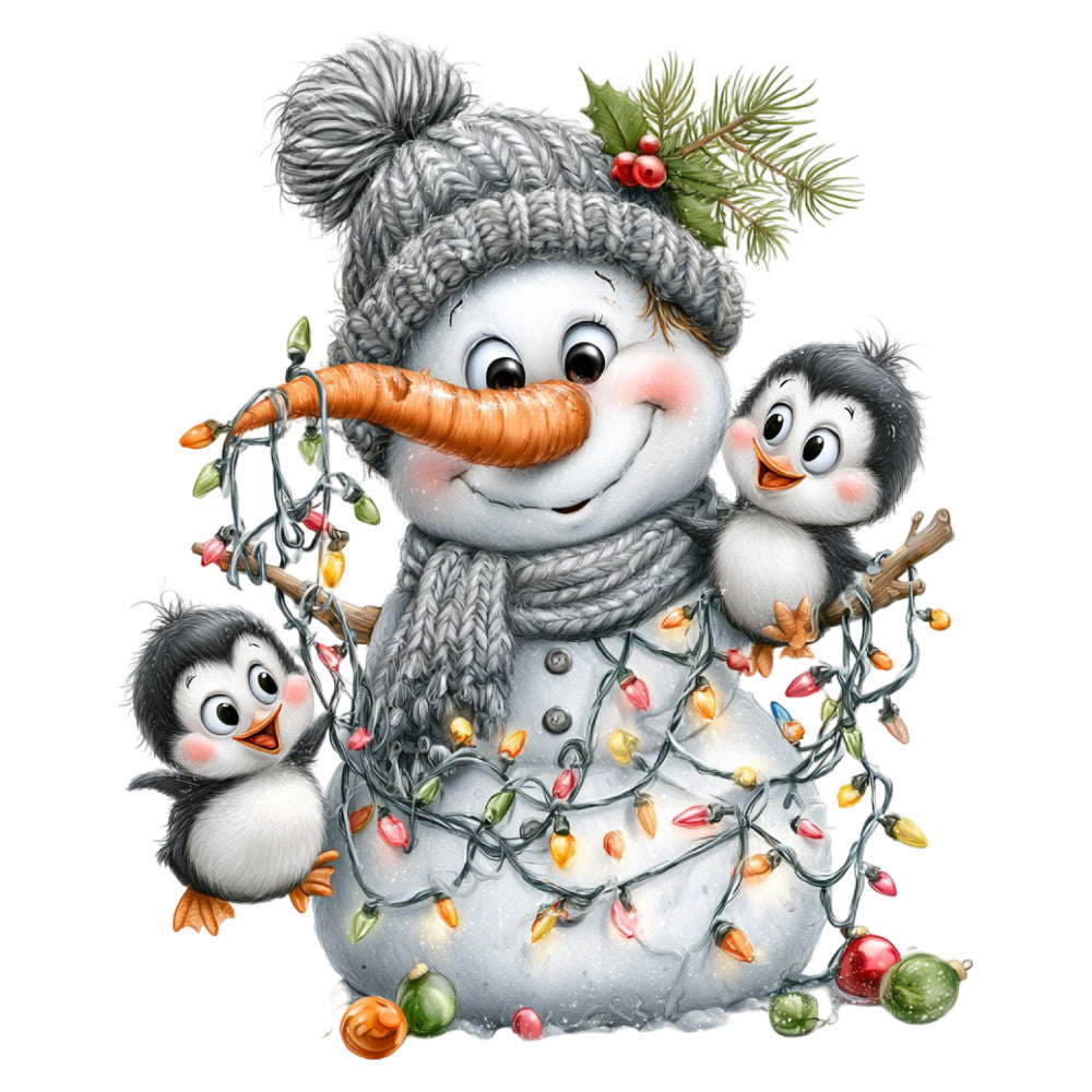 snowman, penguins, winter, christmas, holiday, gray, white, orange, red, green, charcoal gray, cream, festive, whimsical, playful, animals, birds, nature, seasonal, decorative, children, kids, christmas lights, carrot nose, holly, berries, cheerful, jolly, winter scene, family