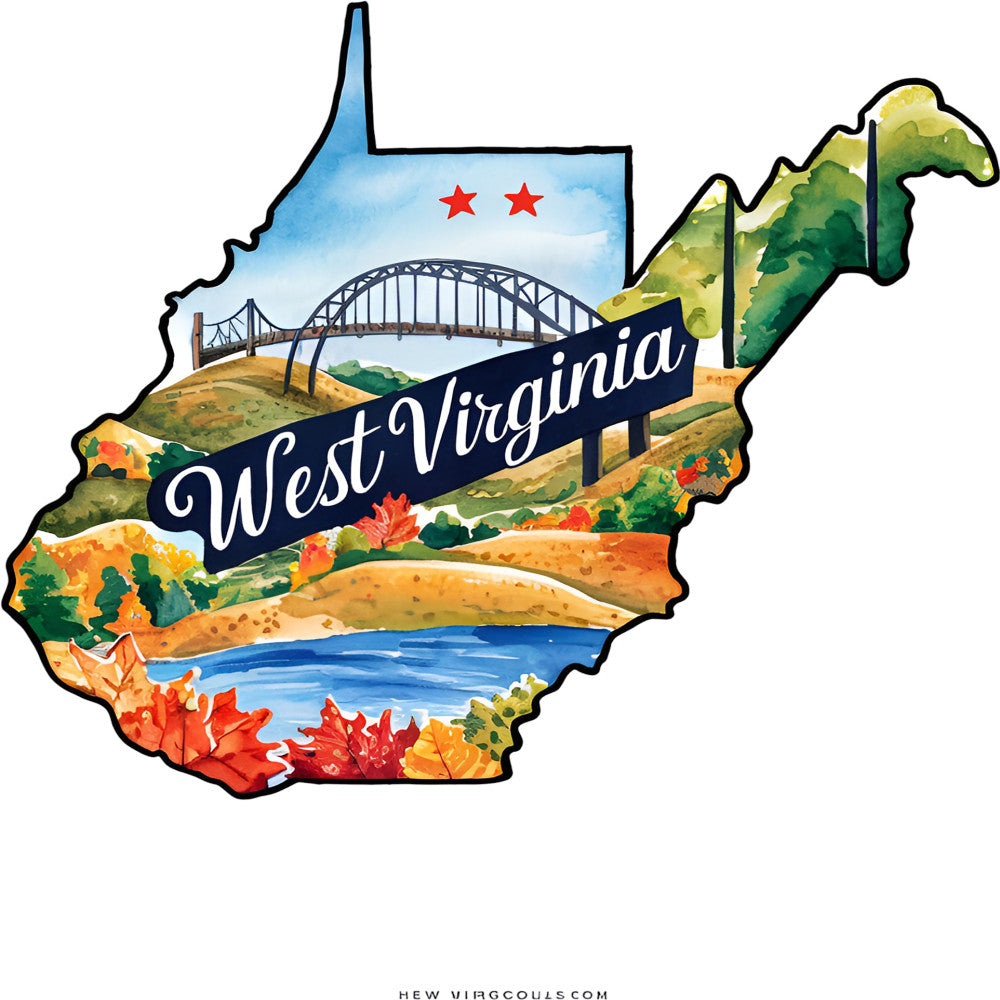 Classic US States Fabric Panel 2 featuring an artistic West Virginia map with scenic landscapes in premium quilting cotton fabric.