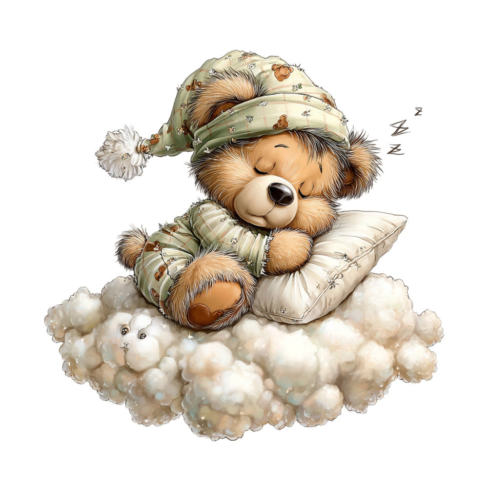 teddy bear, sleeping bear, nursery, baby, clouds, nighttime, bedtime, pajamas, nightcap, whimsical, cute, adorable, children's, cream, ivory, tan, brown, sage green, soft colors, pastoral, sweet dreams, lullaby, pillow, cozy, gentle, storybook, illustrated, character, children's literature, babies