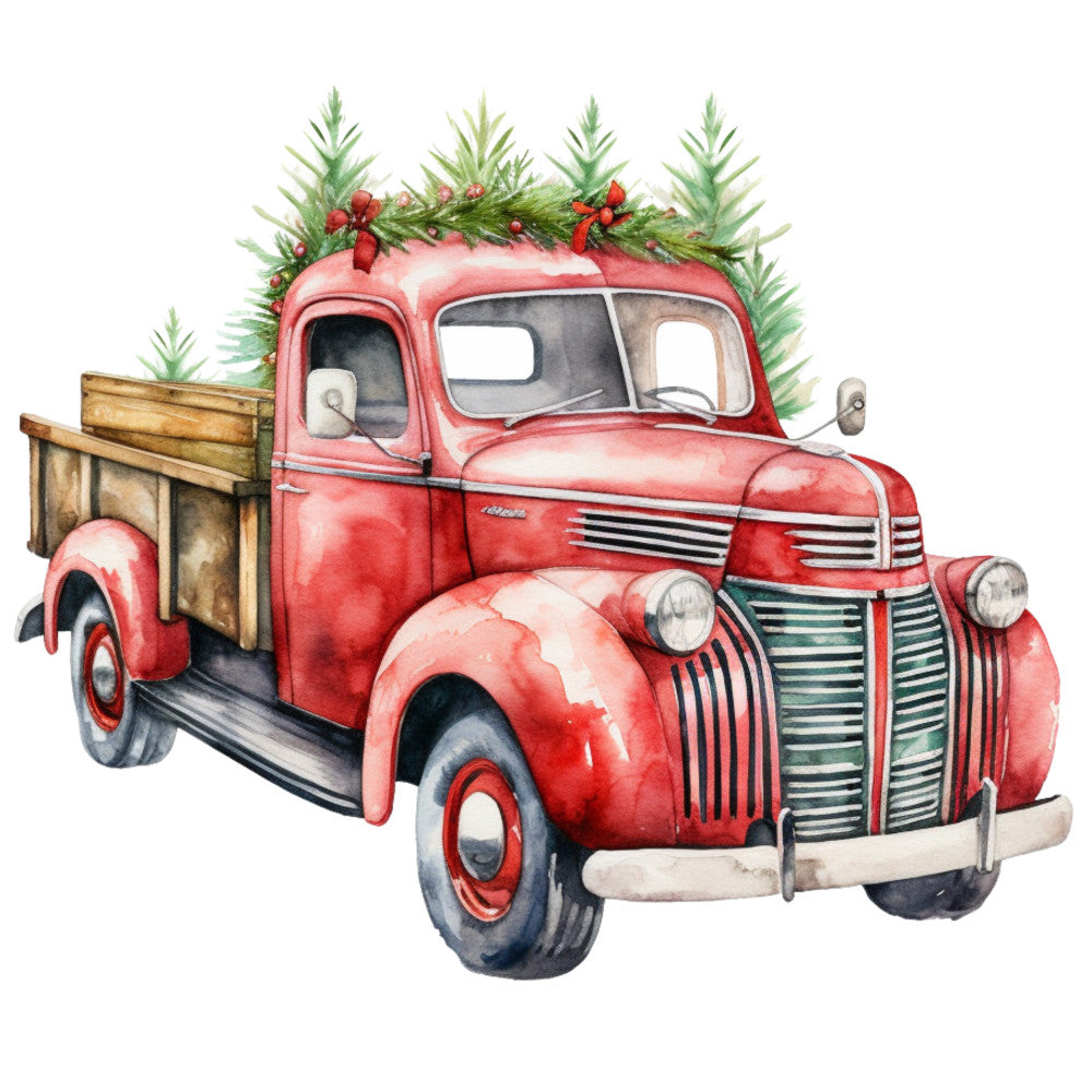 red truck, vintage automobile, christmas greenery, watercolor style, pine branches, red berries, wooden truck bed, chrome grille, fabric panel, holiday theme, nostalgic illustration, festive decorations, winter scene, pickup truck, rustic charm, seasonal motif, quilting panel, watercolor painting, christmas truck, vintage vehicle