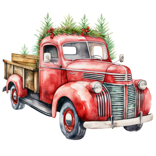 red truck, vintage automobile, christmas greenery, watercolor style, pine branches, red berries, wooden truck bed, chrome grille, fabric panel, holiday theme, nostalgic illustration, festive decorations, winter scene, pickup truck, rustic charm, seasonal motif, quilting panel, watercolor painting, christmas truck, vintage vehicle