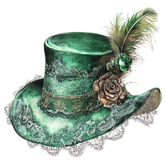 emerald green, forest green, sage green, vintage green, tea stain, brown roses, bronze flowers, lace trim, ornate, elegant, steampunk, victorian, gothic, whimsical, botanical, feathers, palm fronds, decorative, ornamental, hat, top hat, classic, traditional, antique, steampunk fashion, detailed, intricate, fancy, formal wear, costume