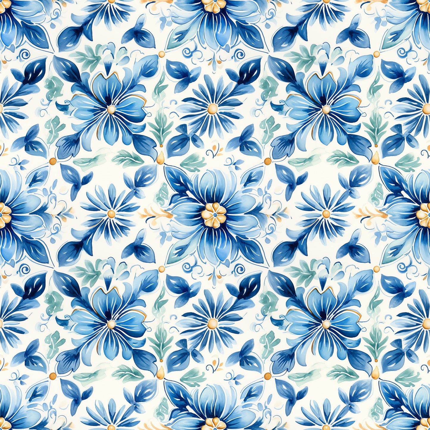 Blue Handpainted Tiles Pattern 1 Quilting Cotton Fabric