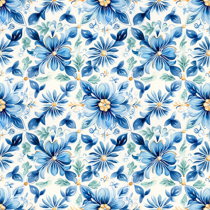 Blue Handpainted Tiles Pattern 1 Quilting Cotton Fabric