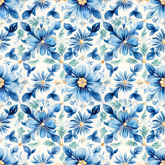 Blue Handpainted Tiles Pattern 1 Quilting Cotton Fabric