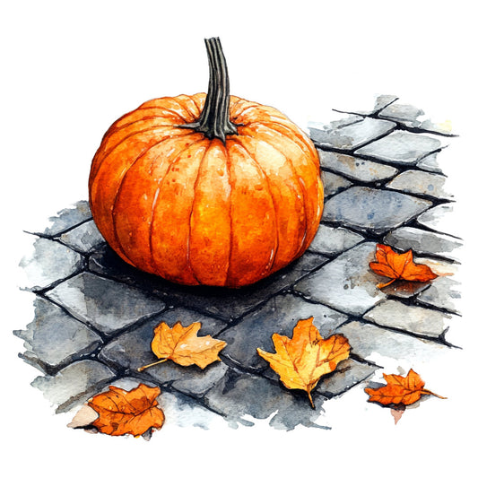 pumpkin, autumn, fall, orange, burnt orange, golden yellow, gray stone, harvest, thanksgiving, halloween, nature, botanical, leaves, maple leaves, fall leaves, rustic, farmhouse, seasonal, cozy, watercolor, painted, artistic, still life, garden, cottagecore, warm tones, autumn aesthetic, seasonal decor, fall harvest, traditional