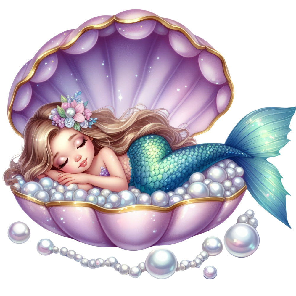 mermaid, sleeping, purple shell, lavender, turquoise scales, pearls, floral crown, wavy hair, fantasy, whimsical, fabric panel, quilting cotton, ocean theme, seashell, iridescent, pastel colors, mythical creature, dreamy artwork, children's fabric, nautical