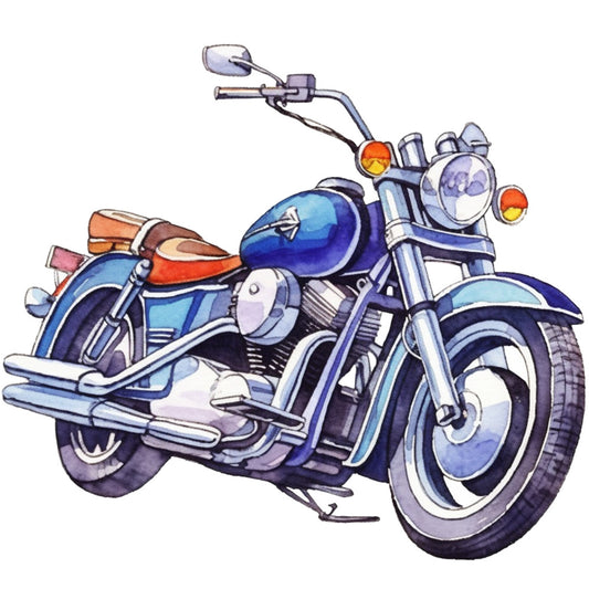 motorcycle, vintage bike, cruiser, blue, navy, orange, red, chrome, silver, watercolor style, transportation, vehicle, handlebars, exhaust pipes, fabric panel, quilting cotton, nostalgic, retro styling, masculine theme, biker culture