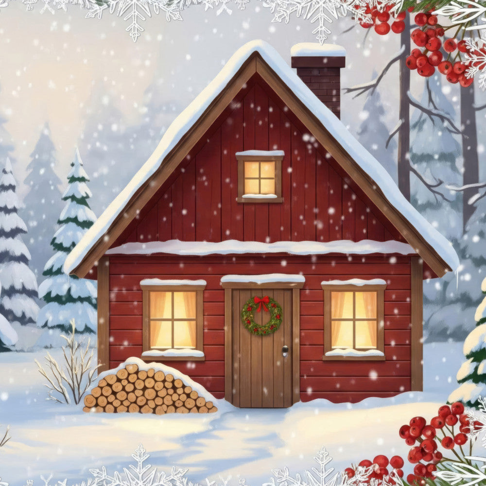 winter cabin, snowy landscape, red cottage, christmas, holiday, snow-covered trees, festive, rustic, cozy cabin, winter berries, rowan berries, red and cream, warm white, forest green, deep red, burgundy, traditional, winter scene, farmhouse style, cottage core, snowy woodland, lit windows, Christmas wreath, log cabin, evergreen trees, winter wonderland, holiday decoration, nostalgic, vintage christmas, seasonal