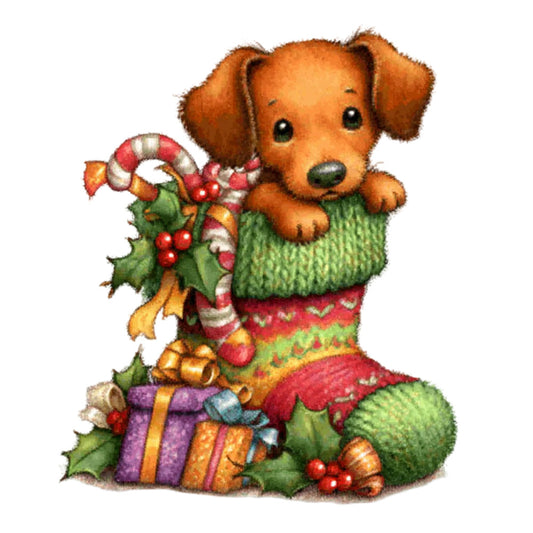 puppy, dog, christmas, holiday, festive, candy cane, holly, red berries, green leaves, stocking, gifts, presents, winter, seasonal, rust orange, forest green, red, gold, purple, whimsical, cute, children's, baby, animals, decorated, festive theme, adorable, illustration style, greeting card aesthetic