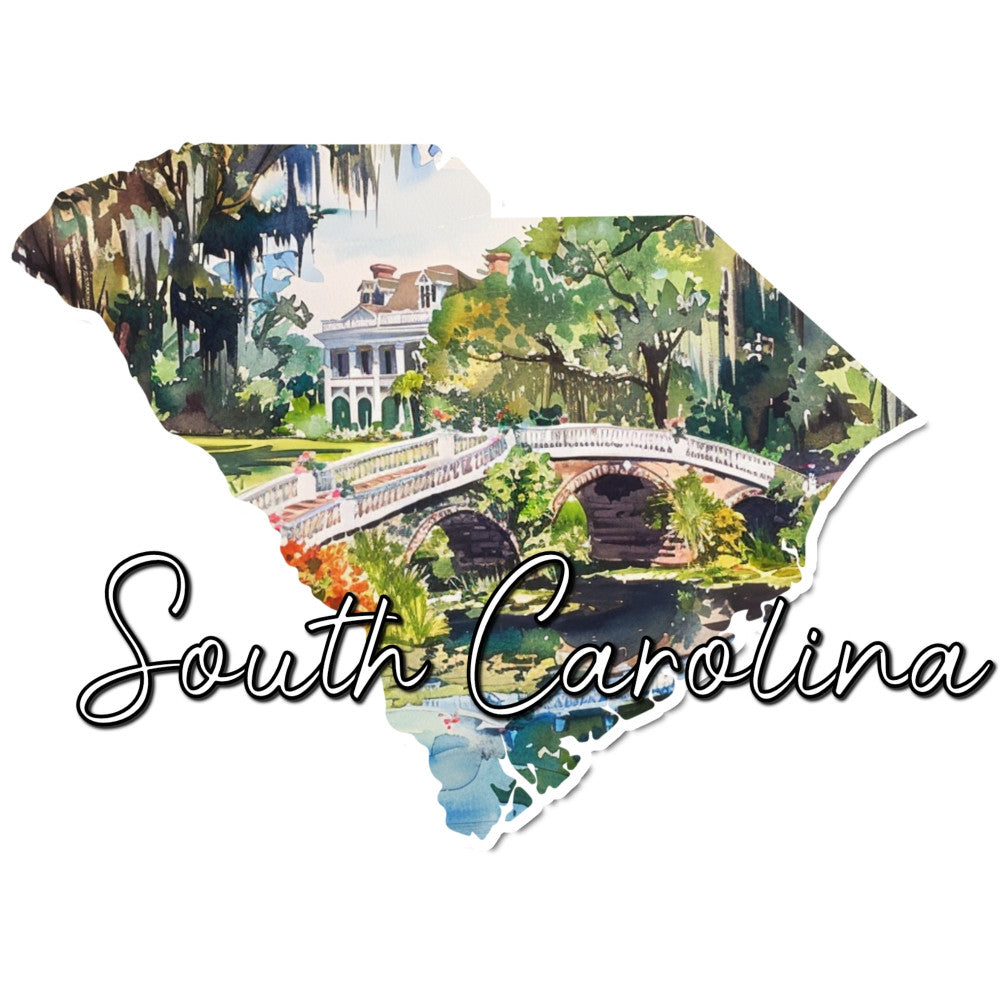 south carolina, state map, vintage travel, botanical, landscape, architecture, moss-draped trees, historic mansion, arched bridge, garden scene, cream, sage green, forest green, golden yellow, rust orange, blue water, traditional, elegant, nostalgic, retro, southern belle, plantation, state pride, travel theme, nature scene, scenic, pastoral, home decor, wall hanging, heritage