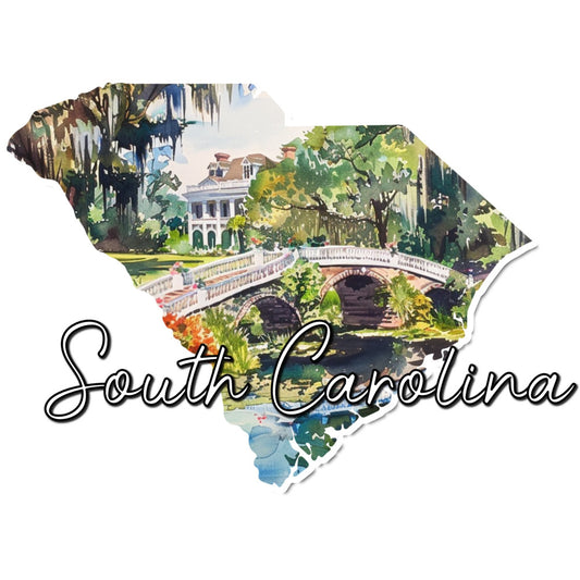 south carolina, state map, vintage travel, botanical, landscape, architecture, moss-draped trees, historic mansion, arched bridge, garden scene, cream, sage green, forest green, golden yellow, rust orange, blue water, traditional, elegant, nostalgic, retro, southern belle, plantation, state pride, travel theme, nature scene, scenic, pastoral, home decor, wall hanging, heritage