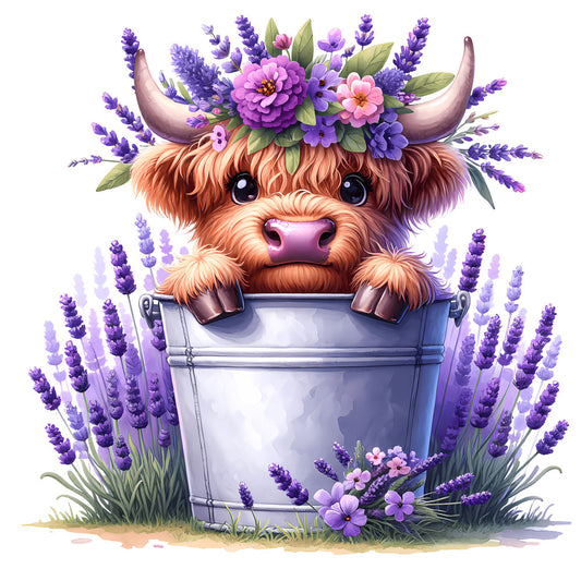 Cute Highland Cows in Buckets Fabric Panel 9 featuring a fluffy cow with flowers and lavender in a silver bucket, premium quilting cotton.