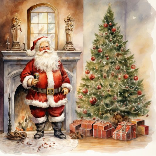 santa claus, christmas tree, fireplace, presents, gifts, red suit, white beard, ornaments, baubles, watercolor style, holiday scene, fabric panel, quilting cotton, warm tones, festive, winter theme, indoor scene, decorated tree, wrapped gifts, cozy atmosphere