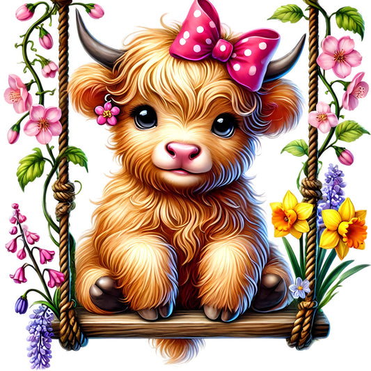 Springtime Highland Cows Fabric Panel 5 featuring an adorable calf with a pink bow on a floral swing, premium quilting cotton print.