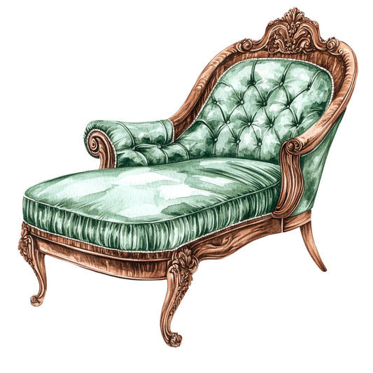 sage green, mint green, white, cream, carved wood, ornate frame, victorian, vintage furniture, chaise lounge, settee, damask, tufted upholstery, elegant, traditional, classical, ornamental, decorative, botanical, home decor, interior design, furniture illustration, heritage, antique style, romantic, formal, luxury, botanical motif, scrollwork, baroque, rococo
