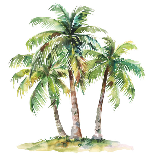 tropical palm, palm trees, coconut palms, botanical, nature, tropical, watercolor, hand painted, beige, cream, sage green, forest green, light green, tan, brown, summer, vacation, beach, island, botanical illustration, naturalistic, elegant, peaceful, relaxing, foliage, tree motif, organic, soft colors, muted tones
