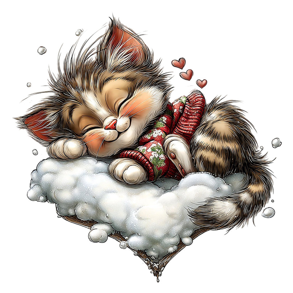 cute animal, fluffy cat, whimsical, hearts, love, cloud, sleeping cat, cozy, winter, christmas, holiday, cream, ivory, burgundy red, rust orange, brown, black, festive, sweet, gentle, magical, dreamy, nursery, baby, children's, decorative panel, wall art, tabby cat, plush texture, snuggly