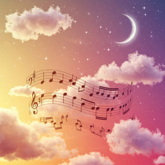 celestial, dreamy, musical notes, music, starry sky, crescent moon, clouds, pastel gradient, soft colors, whimsical, fantasy, magical, lavender, dusty rose, peachy pink, golden yellow, purple, romantic, nighttime, sheet music, stars, sparkles, ethereal, enchanted, night sky, music lover, wall hanging, elegant, contemporary