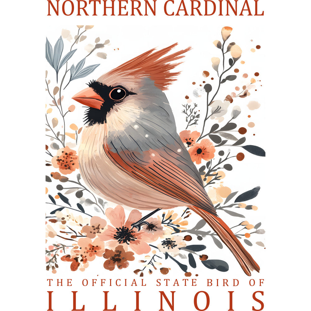 red cardinal, bird illustration, floral wreath, watercolor style, coral flowers, gray leaves, orange accents, cream background, fabric panel, quilting cotton, illinois state bird, botanical design, nature theme, soft pastels, artistic rendering, spring flowers, decorative birds, muted tones, peach blossoms