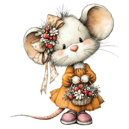 cream, white, tan, burnt orange, coral red, dusty rose, mauve pink, mouse, woodland animal, floral bouquet, berries, daisies, cute, whimsical, vintage, storybook illustration, children, baby, spring, summer, sweet, charming, nostalgic, pastoral, nature themed, animal character, folk art, cottage core, gentle, soft colors