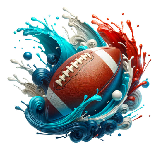 watercolor football, turquoise splash, red splash, white splash, sports theme, athletic design, fabric panel, quilting cotton, dynamic movement, liquid paint effect, football laces, brown leather ball, swirling patterns, energetic design, team colors, game day fabric, decorative splashes, fluid art style, sports quilting, vivid colors