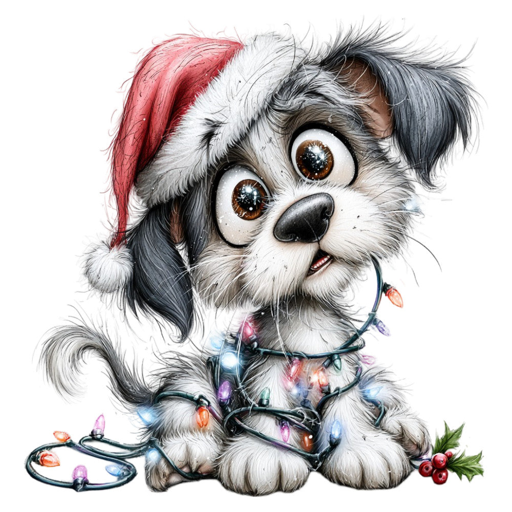 Christmas puppy, holiday dog, festive, whimsical, adorable, cute animals, Santa hat, red hat, colorful lights, multicolor, white, black, gray, brown, golden brown eyes, expressive, playful, cheerful, winter holiday, Christmas lights, decorated dog, seasonal, children's, baby, pet lover, cozy, joyful, holly berries, magical, festive animals