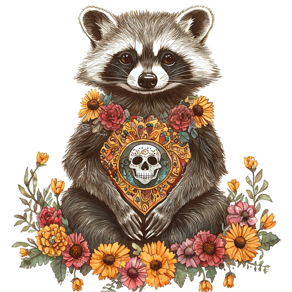 raccoon, skull, floral, nature, animals, woodland, bohemian, whimsical, golden yellow, dusty rose, coral pink, sage green, brown, cream, sunflowers, roses, daisies, boho, folk art, vintage, ornamental, decorative, autumn, fall, sugar skull, wildflowers, romantic, cottagecore, mystical, statement panel