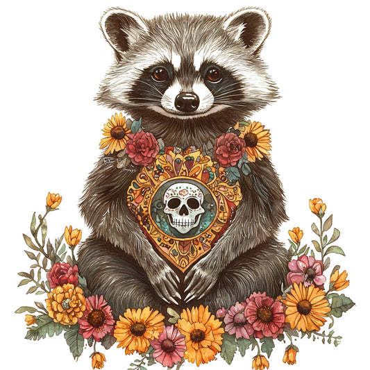 raccoon, skull, floral, nature, animals, woodland, bohemian, whimsical, golden yellow, dusty rose, coral pink, sage green, brown, cream, sunflowers, roses, daisies, boho, folk art, vintage, ornamental, decorative, autumn, fall, sugar skull, wildflowers, romantic, cottagecore, mystical, statement panel