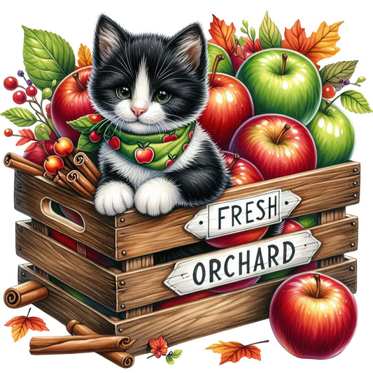 black and white cat, red apples, green apples, autumn leaves, fall colors, cinnamon sticks, berries, whimsical, farmhouse, rustic, nature themed, harvest, orchard, woodland animals, forest green, golden yellow, burnt orange, cream, adorable cat, fruit motif, seasonal, autumn harvest, cozy, vintage style, country charm, apple picking, fall harvest, nature lover, animal lover