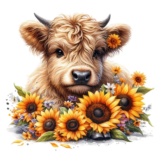 Rustic Sunflower Highland Cows Fabric Panel 22