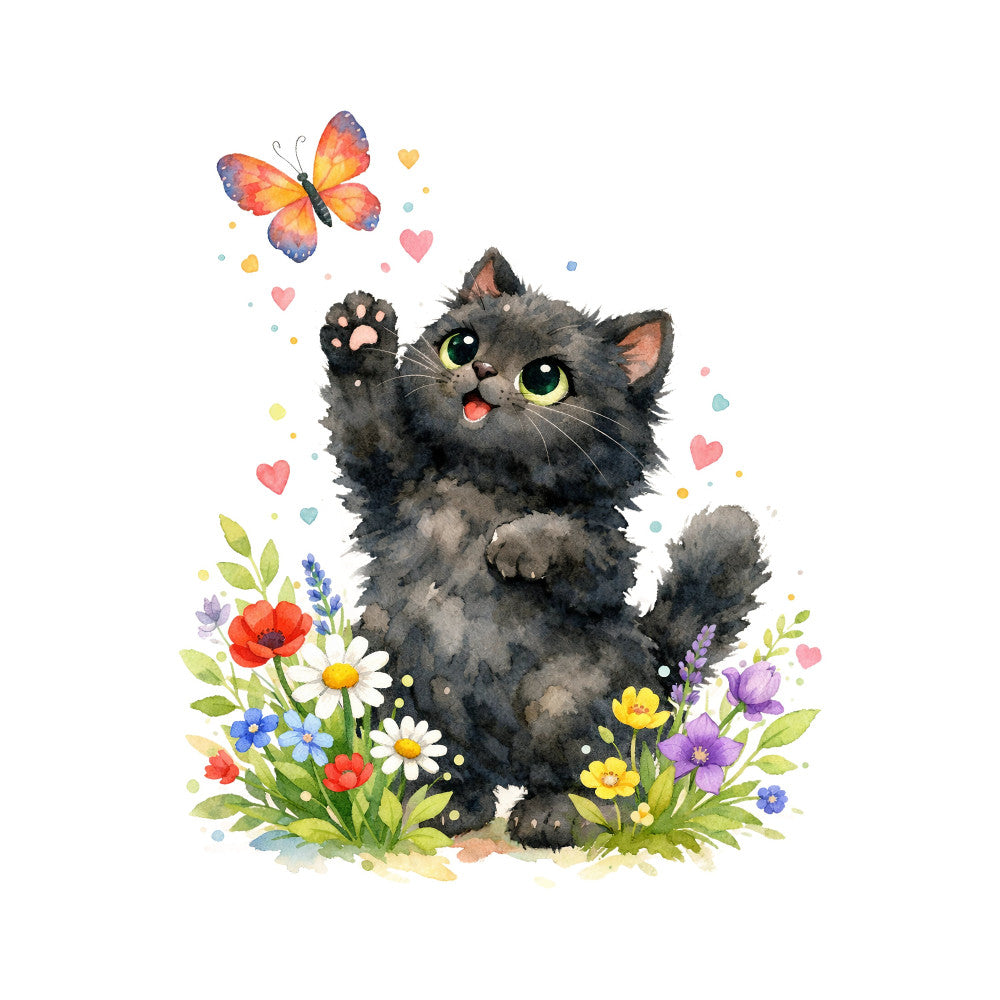 black cat, colorful flowers, butterfly, hearts, whimsical, charcoal gray, spring, nature, animals, floral, cute, playful, children, girl, daisy, poppy, yellow flowers, purple flowers, red flowers, white flowers, green leaves, fairy tale, storybook, magical, joyful, garden theme, baby quilt, nursery, wall hanging, cottage core