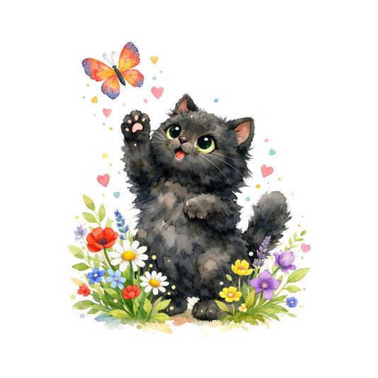 black cat, colorful flowers, butterfly, hearts, whimsical, charcoal gray, spring, nature, animals, floral, cute, playful, children, girl, daisy, poppy, yellow flowers, purple flowers, red flowers, white flowers, green leaves, fairy tale, storybook, magical, joyful, garden theme, baby quilt, nursery, wall hanging, cottage core