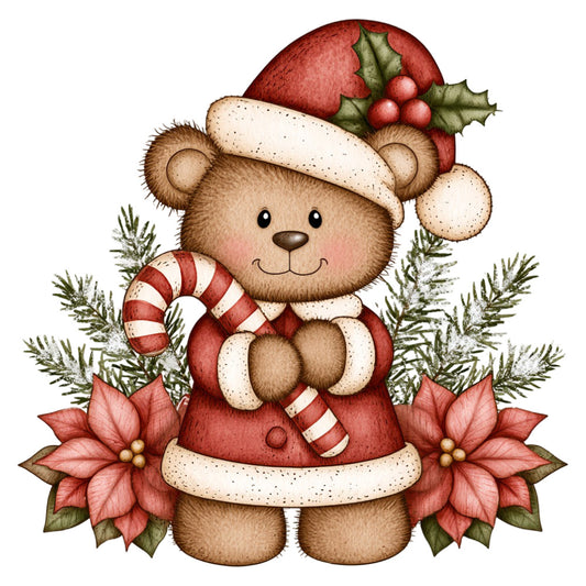 christmas teddy bear, holiday bear, festive red, cream white, dusty rose, poinsettia, holly berries, candy cane, winter evergreen, cute animal, whimsical bear, traditional christmas, vintage holiday, soft brown, seasonal decoration, christmas fabric, baby quilt, nursery, wall hanging, festive theme, candy cane striped, santa hat, holiday decor, children's design, cozy winter, classic christmas, decorative bear, holiday motif, winter florals