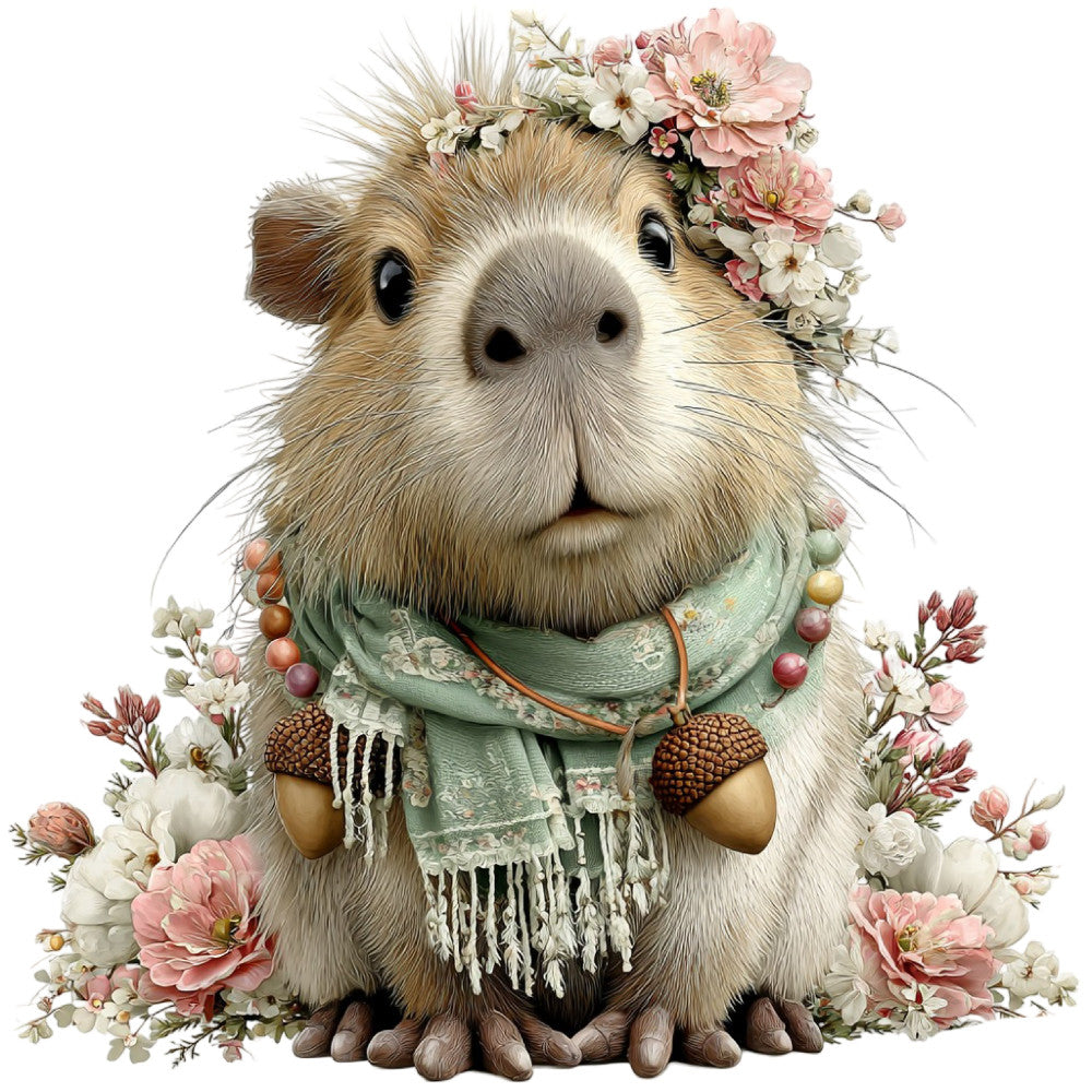 guinea pig, woodland animals, whimsical, floral, pink flowers, cream, sage green, tan, brown, cottage core, nature-themed, boho, bohemian, cute animals, decorative accessories, beaded embellishments, spring, summer, baby nursery, wall art, children's fabric, playful, romantic, pastoral, dahlias, roses, flower crown, sweet, charming, farmhouse style