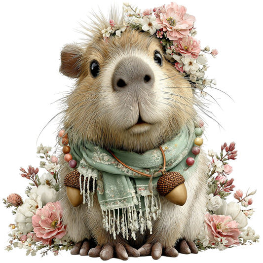 guinea pig, woodland animals, whimsical, floral, pink flowers, cream, sage green, tan, brown, cottage core, nature-themed, boho, bohemian, cute animals, decorative accessories, beaded embellishments, spring, summer, baby nursery, wall art, children's fabric, playful, romantic, pastoral, dahlias, roses, flower crown, sweet, charming, farmhouse style