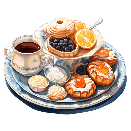 breakfast theme, pastries, coffee, orange slices, berries, cream, desserts, food illustration, vintage style, elegant, whimsical, cream white, warm orange, navy blue, decorative plates, chinoiserie, asian inspired, culinary art, bakery, sweet treats, morning coffee, delicate patterns, ornamental design, traditional, sophisticated, lifestyle, gourmet, cafe style, hospitality theme