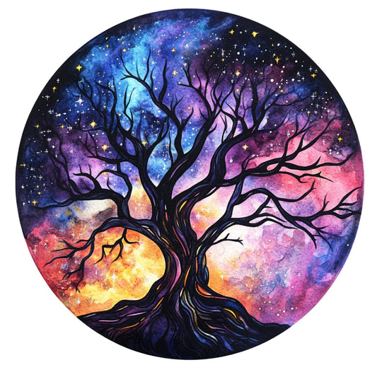 celestial, cosmic, tree of life, galaxy, night sky, starry, purple, deep blue, navy blue, pink, coral pink, golden yellow, orange, magenta, watercolor, abstract, whimsical, bohemian, nature, mystical, ethereal, dreamy, spiritual, stars, branches, roots, moon phase, universe, magical, fantasy