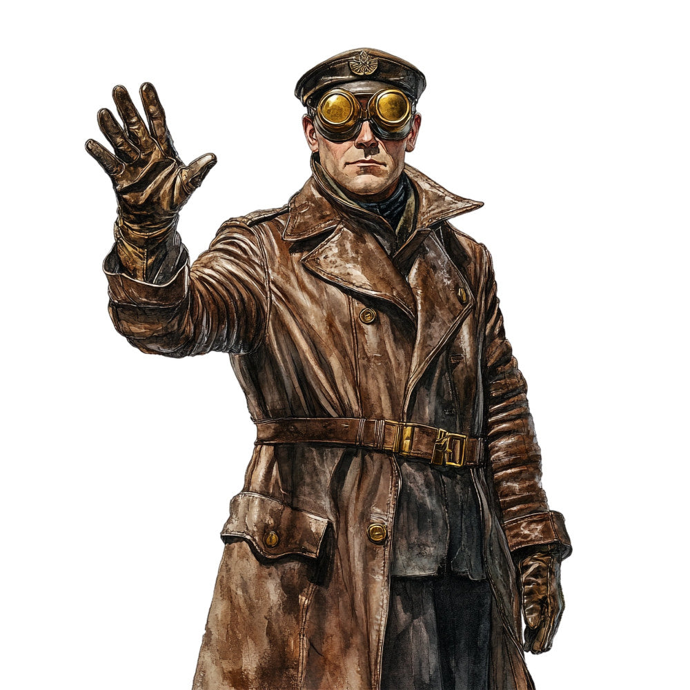 steampunk, brown leather, bronze gold, vintage, aviator, goggles, industrial, mechanical, gears, retro futuristic, leather jacket, brass, sepia tone, antique, men's fashion, character panel, portrait, uniform, adventure, dystopian, sci-fi, science fiction, military style, explorer, pilot, dark brown, tan, metallic accents