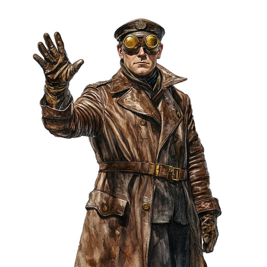 steampunk, brown leather, bronze gold, vintage, aviator, goggles, industrial, mechanical, gears, retro futuristic, leather jacket, brass, sepia tone, antique, men's fashion, character panel, portrait, uniform, adventure, dystopian, sci-fi, science fiction, military style, explorer, pilot, dark brown, tan, metallic accents