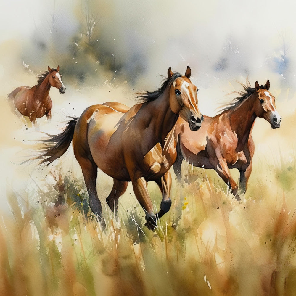 horses, running horses, brown horses, chestnut, tan, cream, beige, soft gold, watercolor, splatter, impressionist, nature, animals, equestrian, farmhouse, rustic, elegant, pastoral, field, grass, meadow, wild horses, dynamic movement, galloping, wind-swept manes, artistic, botanical background, neutral tones, earthy colors