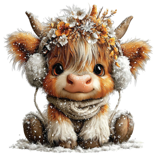 highland cow, christmas, winter scene, snow flakes, floral crown, brown fur, orange flowers, white blooms, cute animal, festive decorations, fabric panel, quilting cotton, seasonal motif, adorable calf, furry texture, winter wonderland, holiday theme, decorative flowers, sitting pose, charming illustration