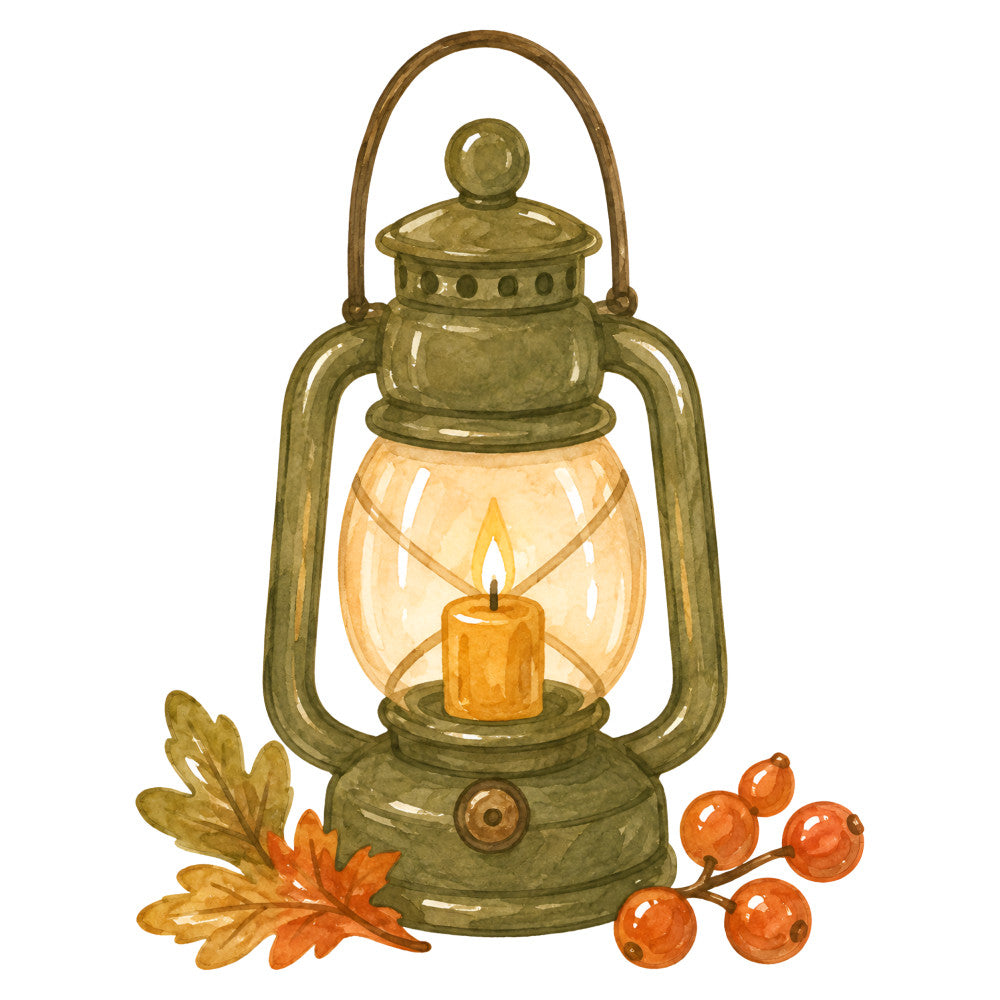 lantern, olive green, golden yellow, burnt orange, autumn, fall, nature, rustic, vintage, farmhouse, traditional, cozy, botanical, leaves, berries, candlelight, evening, harvest, warm tones, earth tones, nostalgic, cottage style, seasonal, rowan berries, oak leaves, brass, antique, illuminated, keepsake, peaceful